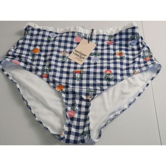 Plus Size High Waist Swim Bottom 1X Navy Gingham Floral Ruffle Unique Vintage - Picture 2 of 6